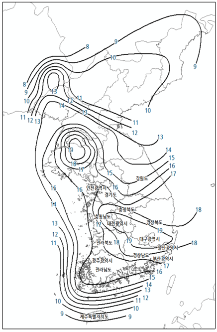 그림 3.2-1 국가지진위험지도, 재현주기 2400년 최대고려지진의 유효지반가속도(S)‰(소방방재청, 2013)